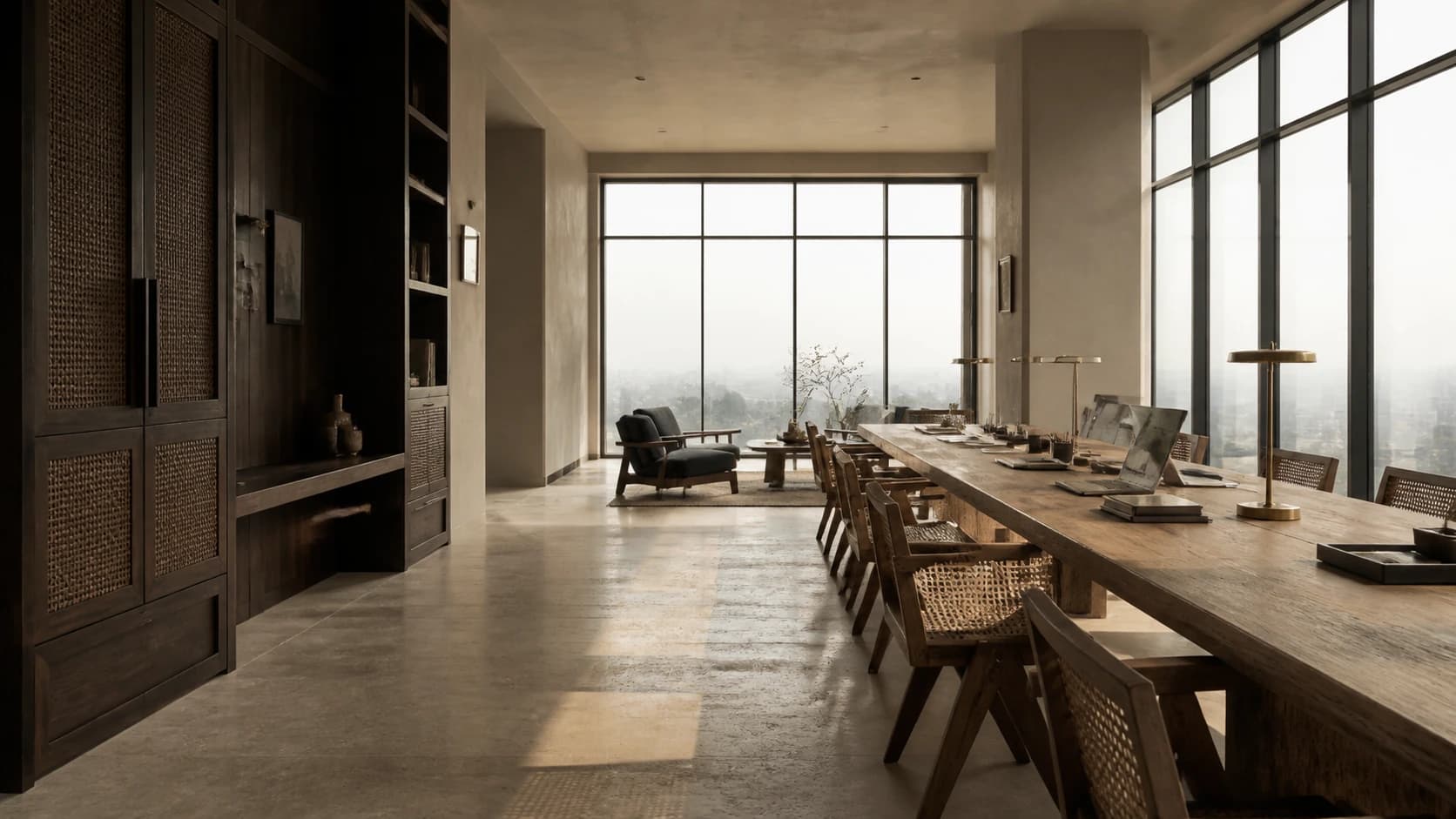 AI-generated workspace concept with warm timber joinery, a communal table and soft city-facing daylight. Not the actual Nerul project.